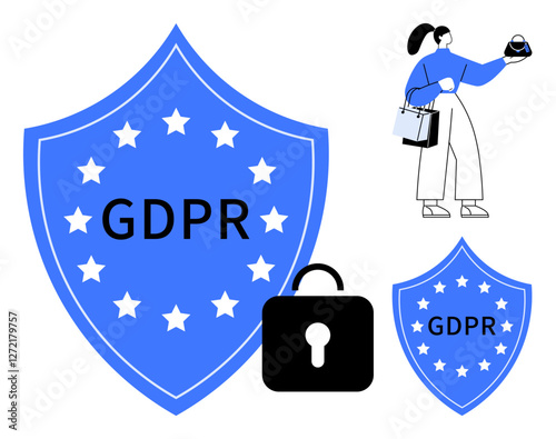 GDPR shield, padlock, female examining hourglass against white. Ideal for data protection, compliance, security policy, privacy rights, information governance, regulatory frameworks EU regulations