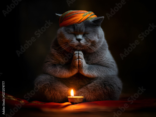 gray fluffy cat in a turban sits in a yoga pose, in front of a burning candle.