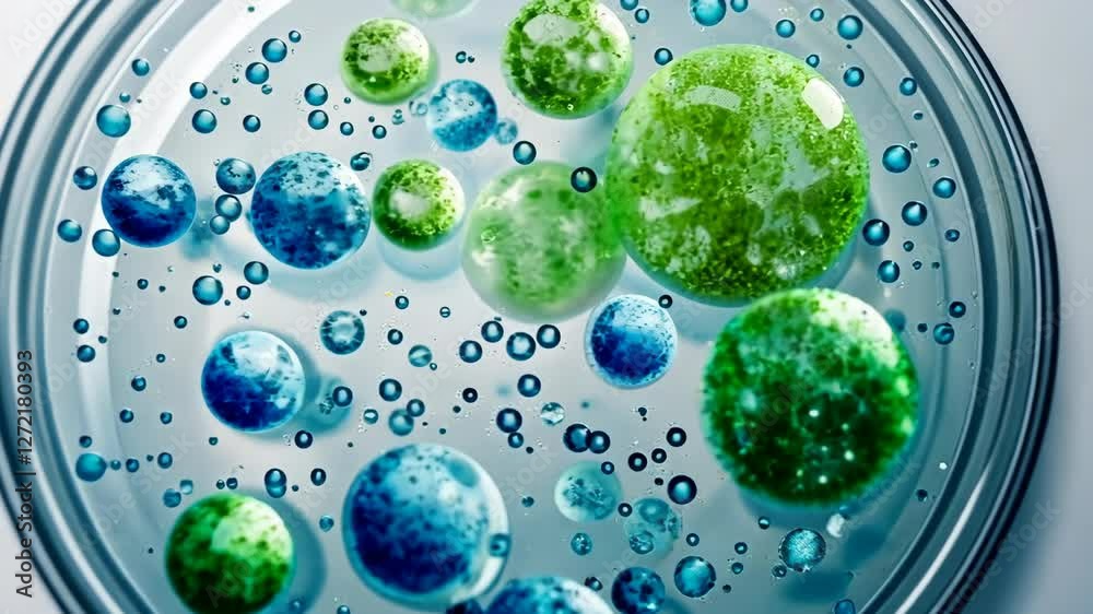 Vibrant green and blue bubbles expanding in a petri dish under microscope