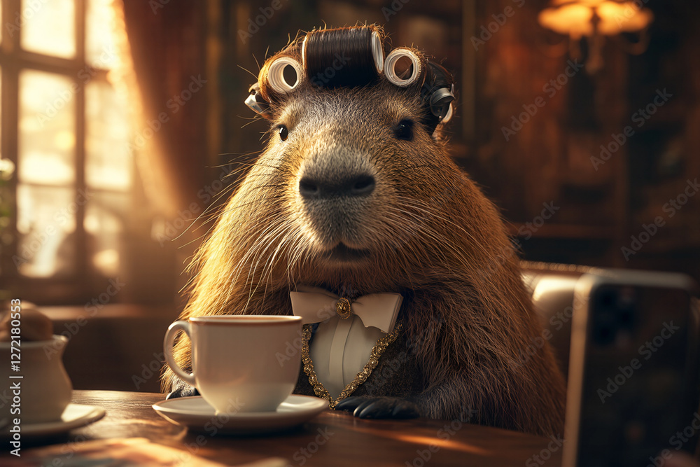 custom made wallpaper toronto digitalelegant well-groomed capybara, in curlers on her head, drinks morning coffee