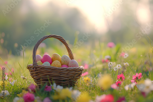 easter colored eggs on a basket in a garden with many colors and lights bokeh