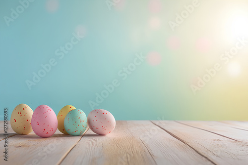 easter colored eggs on bokeh background with copy space