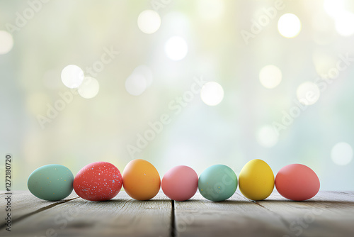 easter colored eggs on bokeh background with copy space