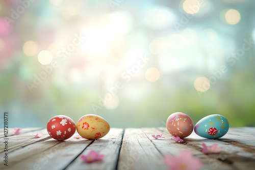easter colored eggs on bokeh background with copy space