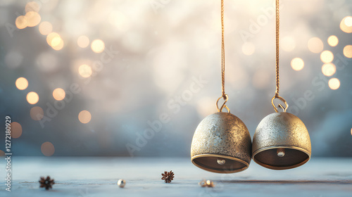 easter gold bells with bokeh background and lights