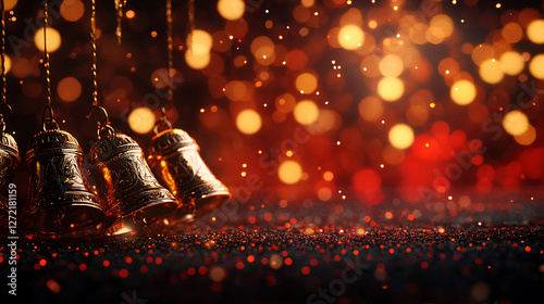 easter gold bells with bokeh background and lights