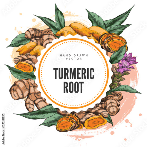 Turmeric plant flower and root, powder sketch round vector design, hand drawn Curcuma spice product, ginger condiment