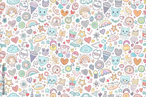 Colorful kids' doodle pattern background with cute characters