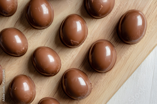 easter chocolate eggs on wood table with copy space