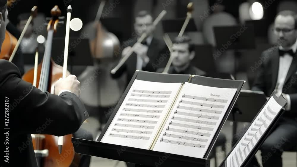 Orchestral conductor leading string ensemble in live performance