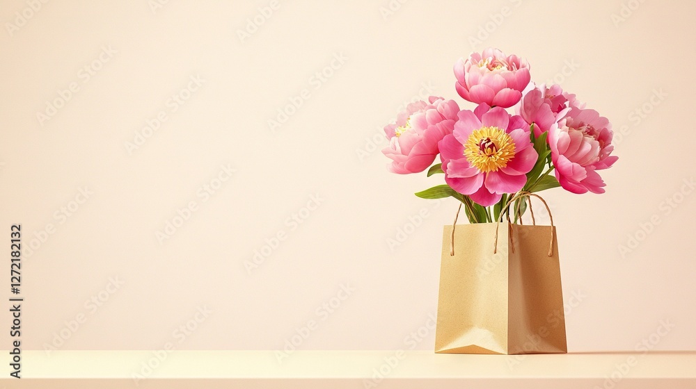 Naklejka premium A pink vase holding flowers rests atop a white table beside a brown paper bag also placed on a table