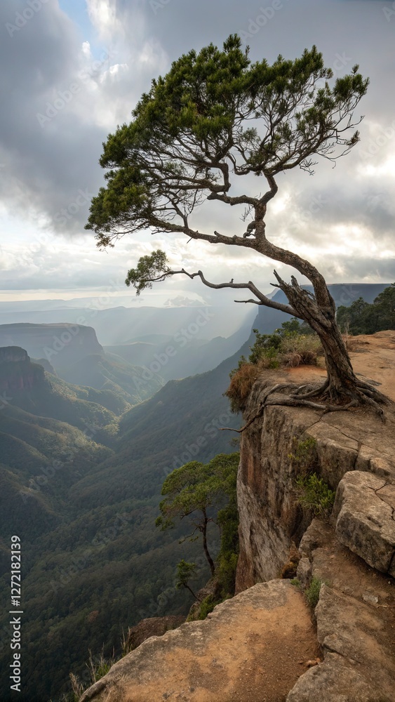 Lonely tree standing on a steep cliff, overlooking a deep valley Lonely tree standing on a steep cliff, overlooking a deep valley
