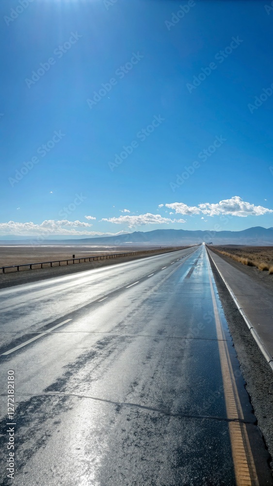Long, empty highway stretching into the horizon under a bright blue sky Long, empty highway stretching into the horizon under a bright blue sky