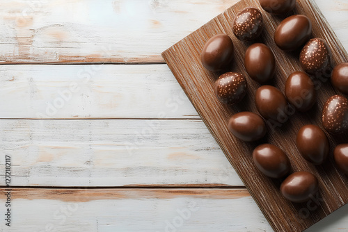 easter chocolate eggs on wood table with copy space