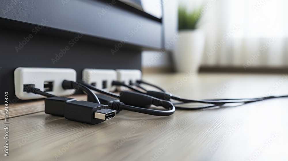 Tangled Power Cables and Plugs Connected to Wall Sockets Tangled Power Cables and Plugs Connected to Wall Sockets