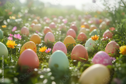 easter colored eggs on a garden with many colors and lights bokeh