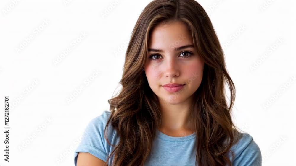 Young woman expressing happiness and calm confidence in bright studio portrait Young woman expressing happiness and calm confidence in bright studio portrait