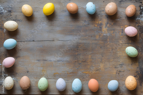 easter colored eggs on wood table with copy space