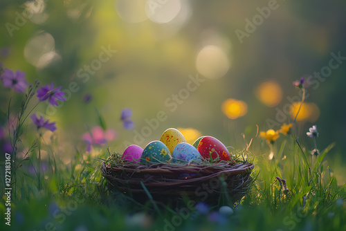 easter colored eggs on a basket in a garden with many colors and lights bokeh