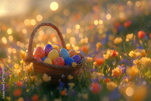 easter colored eggs on a basket in a garden with many colors and lights bokeh