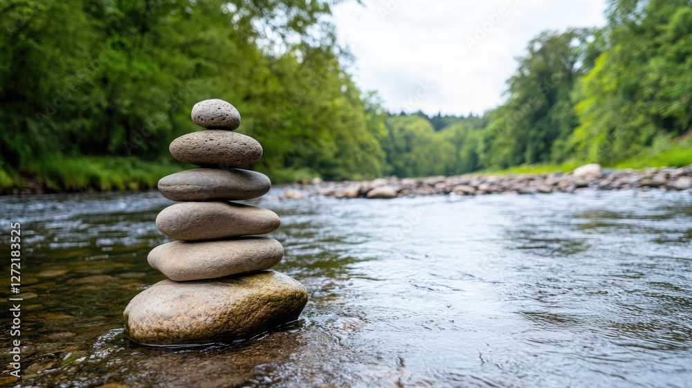 Balanced stones stacked in nature by flowing river Balanced stones stacked in nature by flowing river