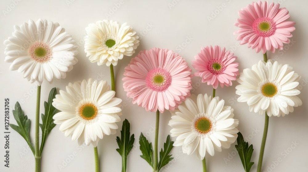 Fototapeta premium Scattered gerbera daisies in shades of white and soft pink on a neutral background, gentle lighting creating a dreamy atmosphere, flat design with copy space, high-detail clarity