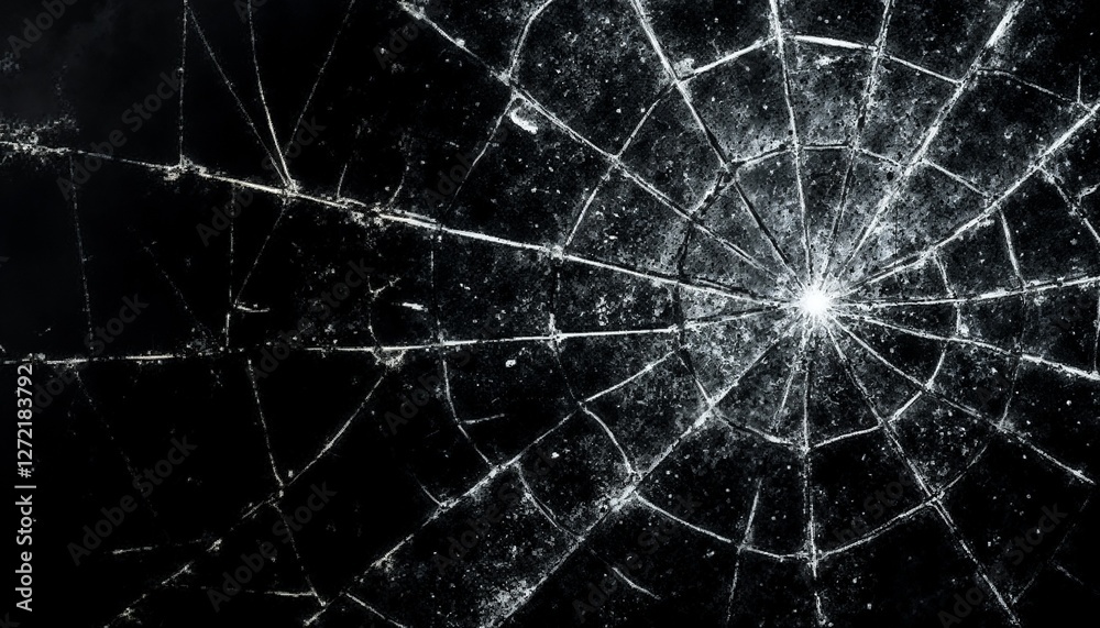 Obraz premium Close-up of cracked glass with intricate spider web pattern on dark background