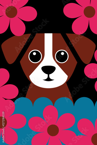 Primitive illustration of a cute dog surrounded by bright flowers on black background