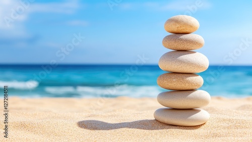 Stack of pebbles on sandy beach with blue ocean and sky background