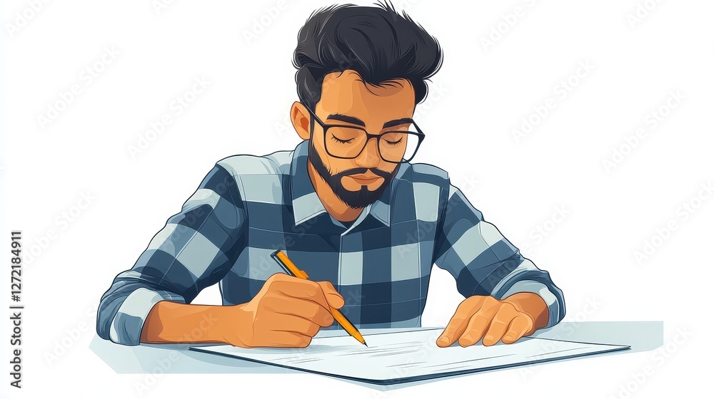 Illustrated Portrait Depicting a Man Intently Writing on a Paper with an Orange Pencil While Wearing a Blue Checkered Shirt and Glasses on a White Background