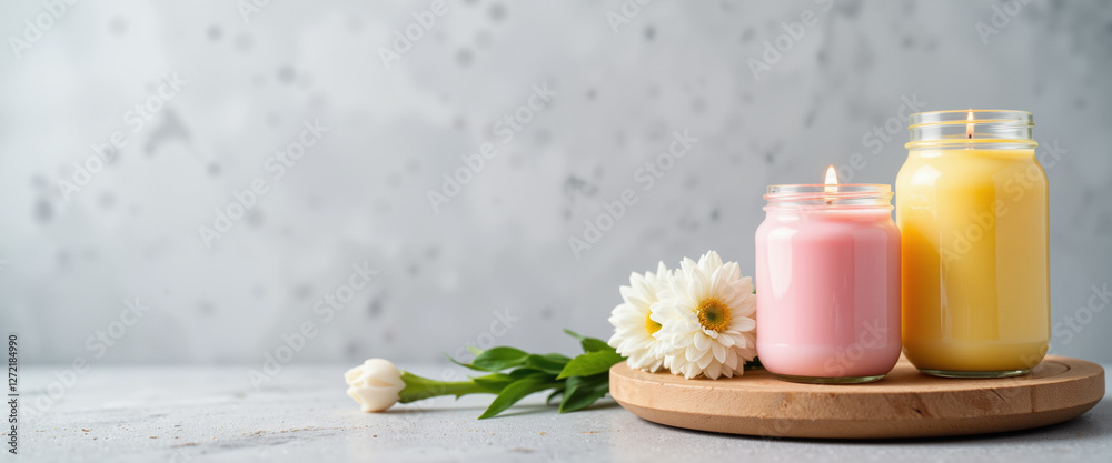 Candles in pastel jars with fresh flowers creating a serene atmosphere for home styling and relaxation Candles in pastel jars with fresh flowers creating a serene atmosphere for home styling and relaxation