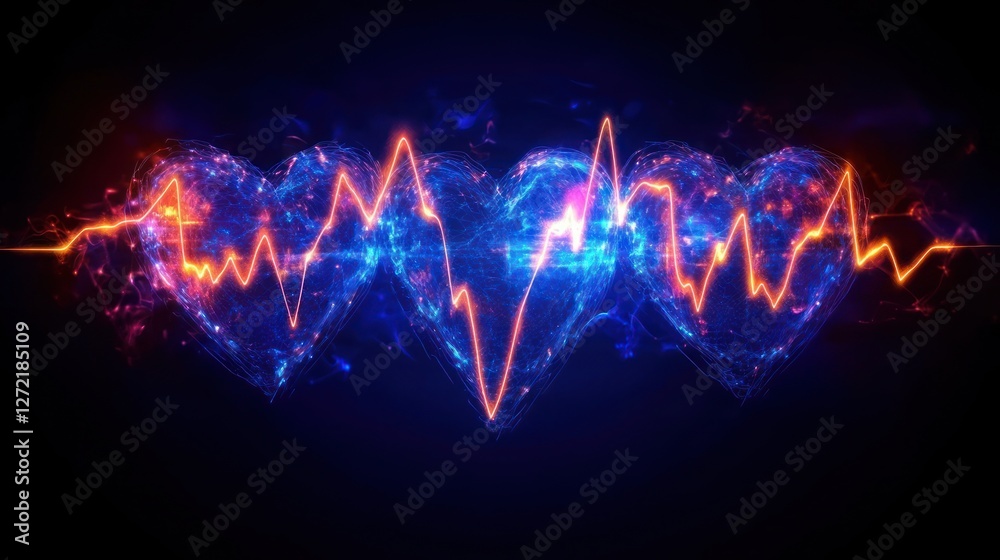 Pulsating hearts, energy, EKG, dark background Pulsating hearts, energy, EKG, dark background