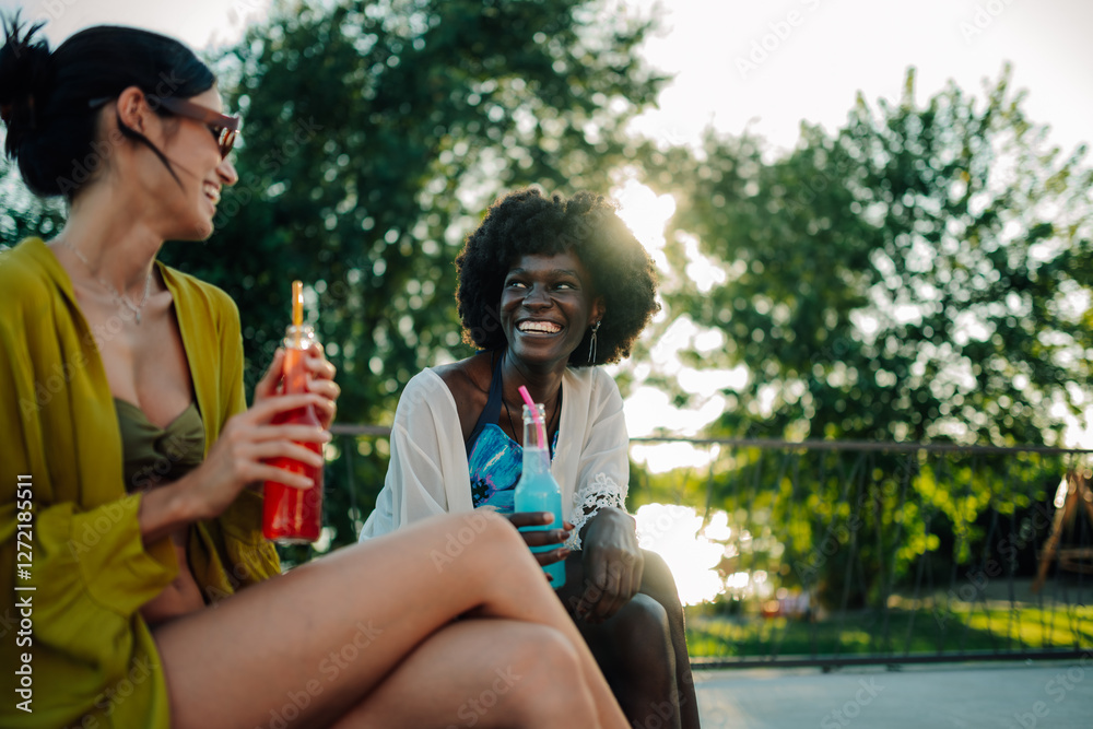 Fototapeta premium Two happy young women relaxing by the pool, enjoying refreshing drinks and good company during a sunny summer day