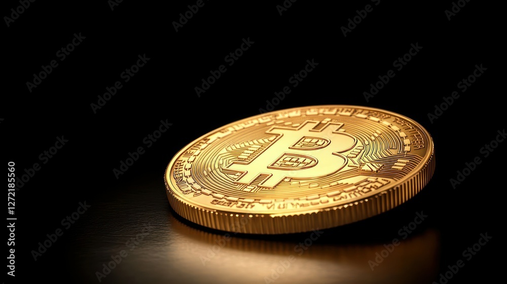 Golden Bitcoin coin on dark surface, digital currency, close-up, background empty Golden Bitcoin coin on dark surface, digital currency, close-up, background empty