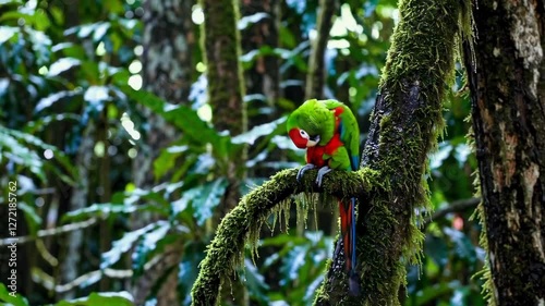 Colorful parrot perched on moss-covered branch in tropical forest