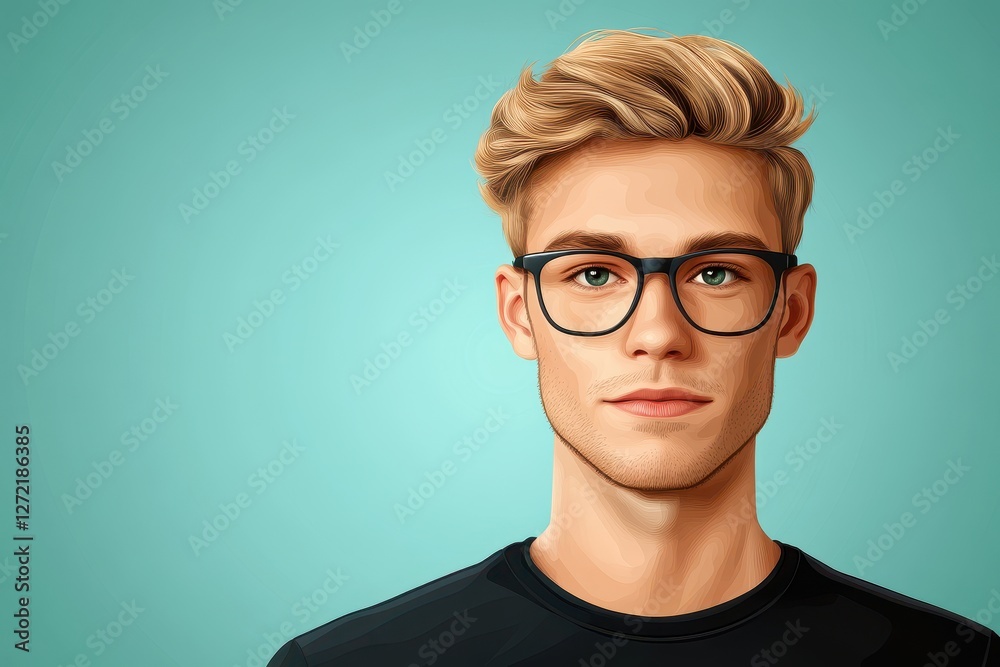 Stylized Portrait of a Young Man with Glasses and Blonde Hair on a Subtle Blue-Green Background Showcasing Modern Digital Art Techniques Stylized Portrait of a Young Man with Glasses and Blonde Hair on a Subtle Blue-Green Background Showcasing Modern Digital Art Techniques
