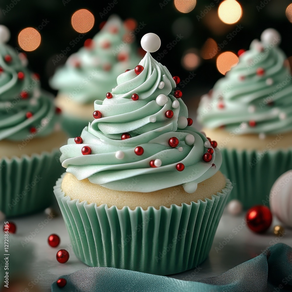 Festive Mint Green Christmas Tree Cupcake with Red and White Sprinkles Festive Mint Green Christmas Tree Cupcake with Red and White Sprinkles