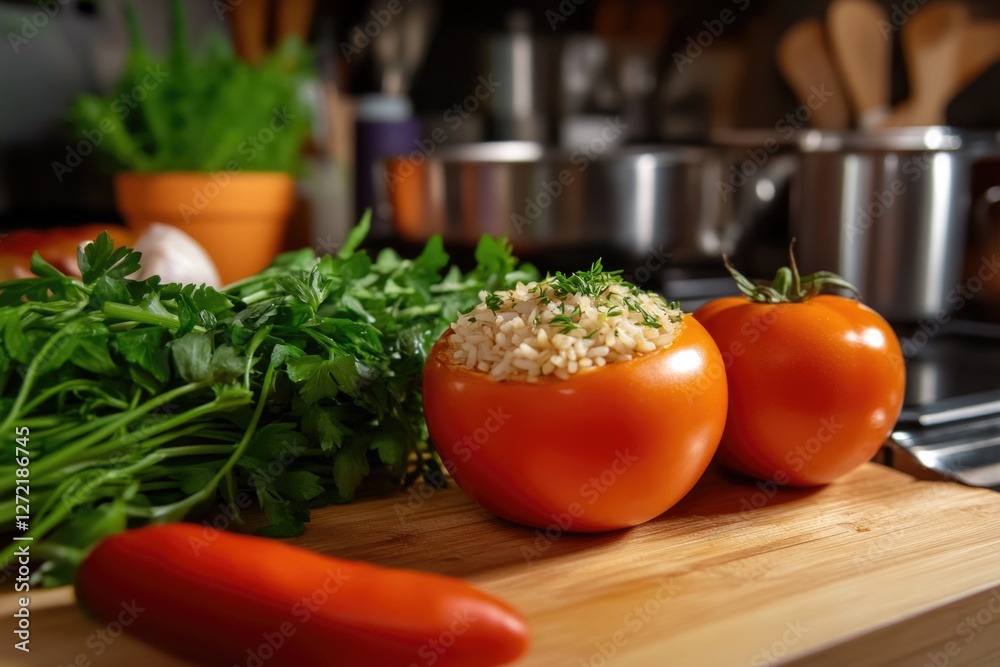 Stuffed tomatoes with rice and herbs on a wooden cutting board Stuffed tomatoes with rice and herbs on a wooden cutting board