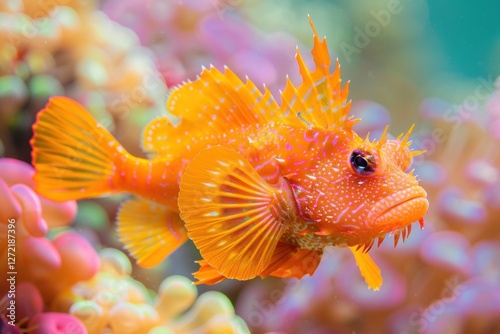 Bright orange scorpionfish glides through colorful coral reefs in clear ocean waters during a serene underwater exploration photo