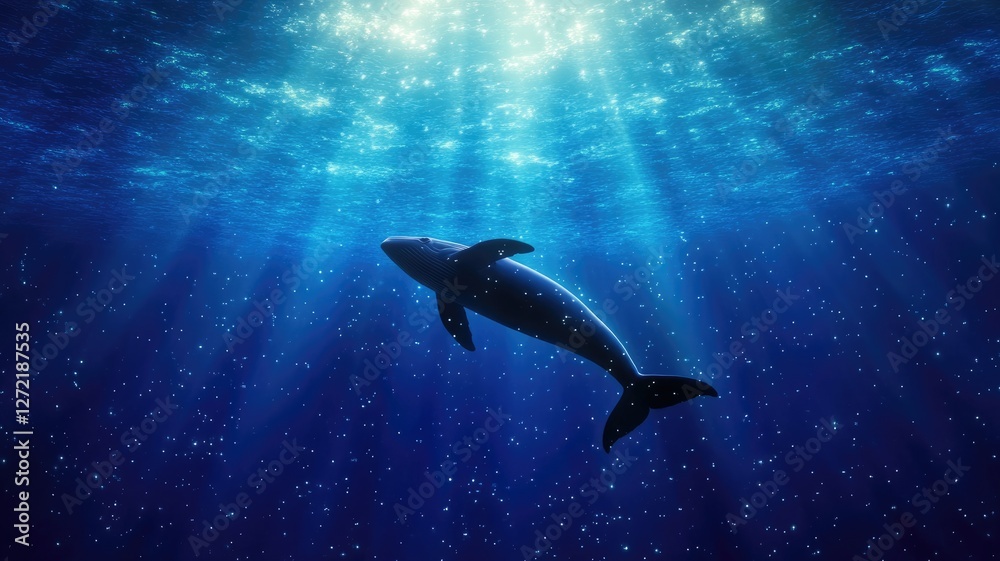 Naklejka premium Whale swimming underwater with light rays shining down