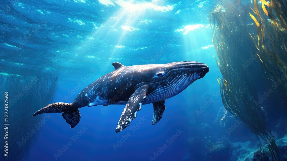 Naklejka premium Majestic whale swimming in ocean with sunlight filtering through water