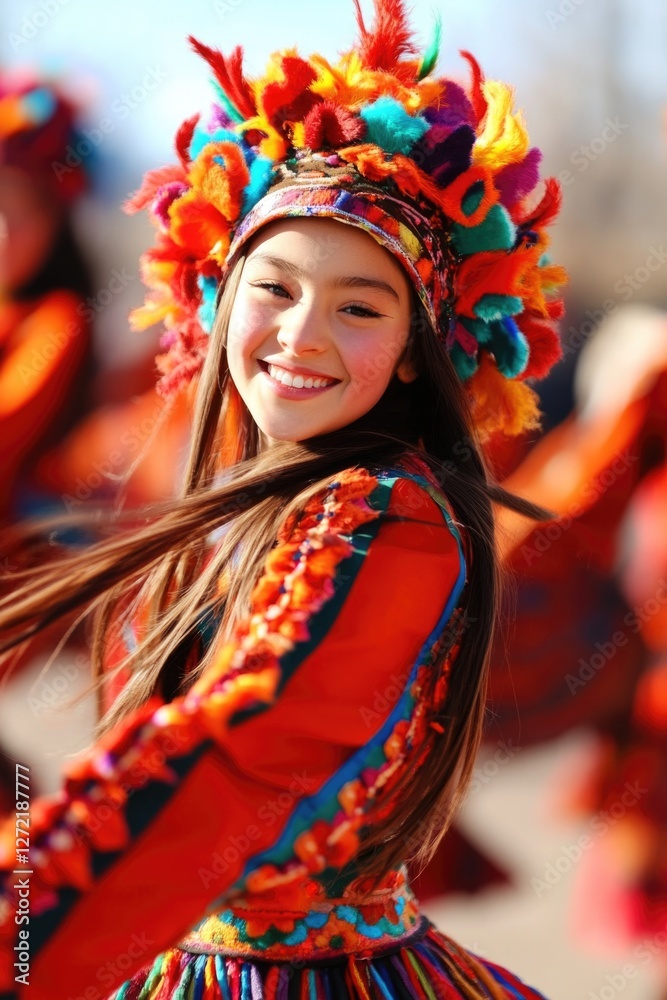 Hispanic young girl in vibrant traditional attire smiling joyfully at cultural festival Hispanic young girl in vibrant traditional attire smiling joyfully at cultural festival