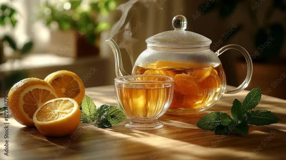 Tea Lemon Mint Beverage in Clear Teapot Tea Lemon Mint Beverage in Clear Teapot