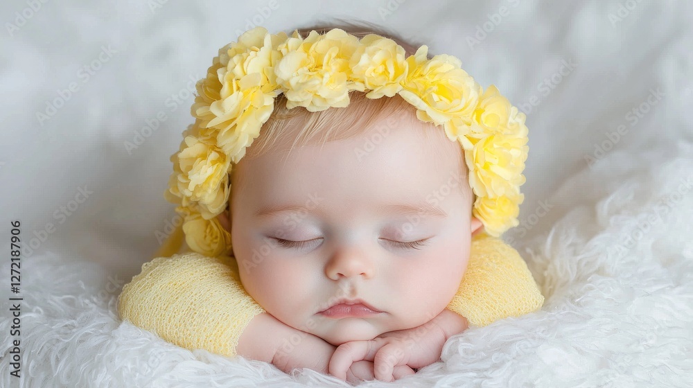 Baby girl sleeping wearing yellow flower crown on white fur. Possible use Newborn baby portrait Baby girl sleeping wearing yellow flower crown on white fur. Possible use Newborn baby portrait