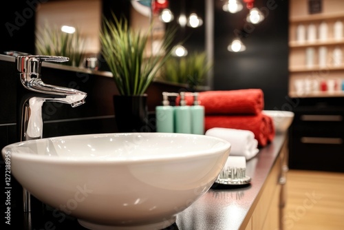 Elegant modern bathroom interior with sink and red towels photo