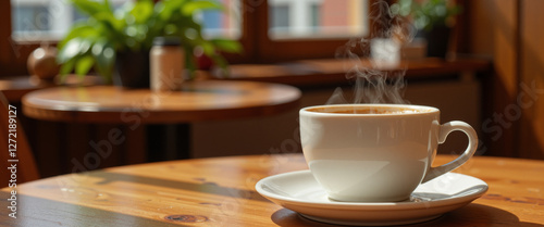 Wallpaper Mural Steaming cup of coffee on a wooden table surrounded by greenery creating a cozy atmosphere in a well-lit café Torontodigital.ca
