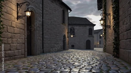 Evening street scene with cobblestones and traditional buildings illuminated by lamps