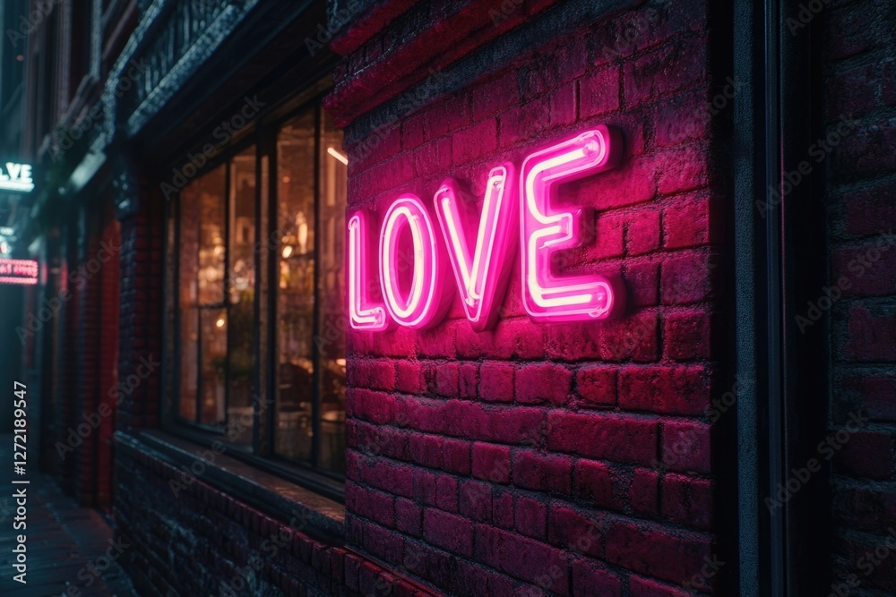 Pink neon 'LOVE' sign on a brick wall at night, urban setting. Pink neon 'LOVE' sign on a brick wall at night, urban setting.