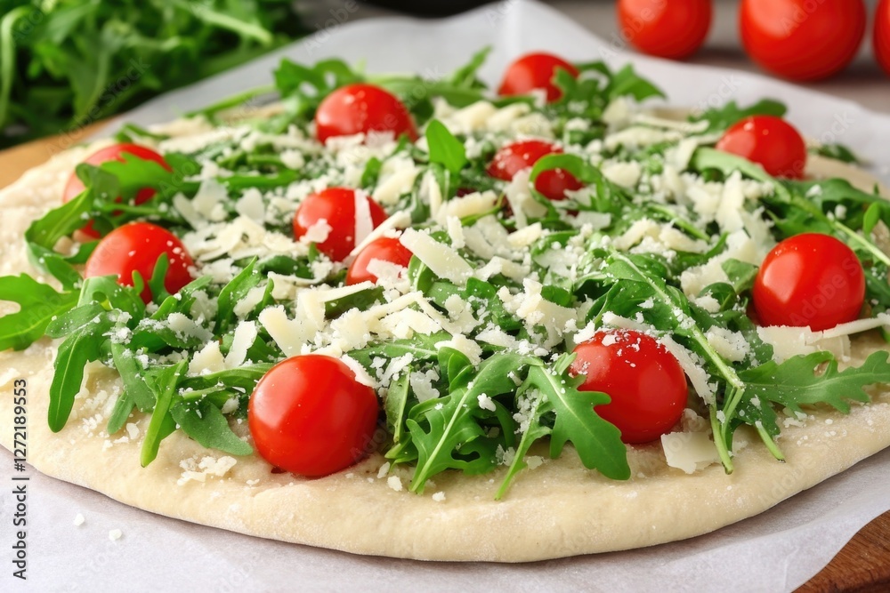 Fresh arugula and cherry tomato pizza with grated cheese on unbaked dough Fresh arugula and cherry tomato pizza with grated cheese on unbaked dough