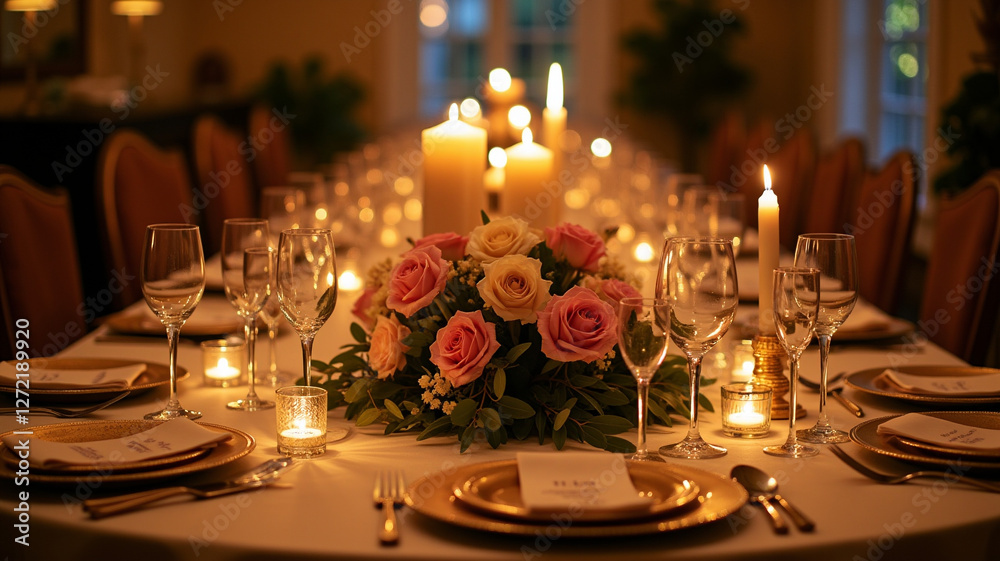 Fototapeta premium Candlelit dinners with festive centerpieces